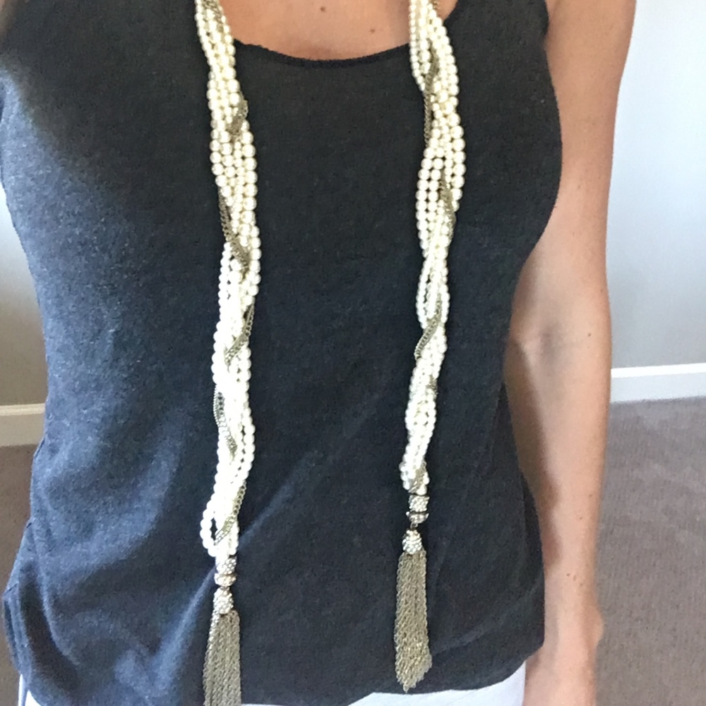 Pearl and Gold Chain Tassle Long Necklace